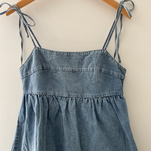 Lulus Charmed Aura Light Wash Blue Denim Tie-Strap Bubble Hem Mini Dress NWT Med - Picture 6 of 15